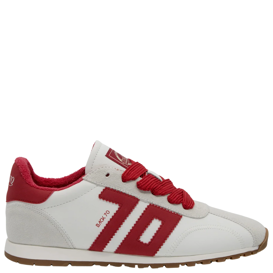 The Zertz ASIAN RED SNEAKER features a white and red design with a large red 70, sporty materials, red laces, a red heel detail, and light brown sole—ideal for retro-inspired street style.
