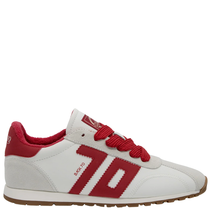 The Zertz ASIAN RED SNEAKER features a white and red design with a large red 70, sporty materials, red laces, a red heel detail, and light brown sole—ideal for retro-inspired street style.