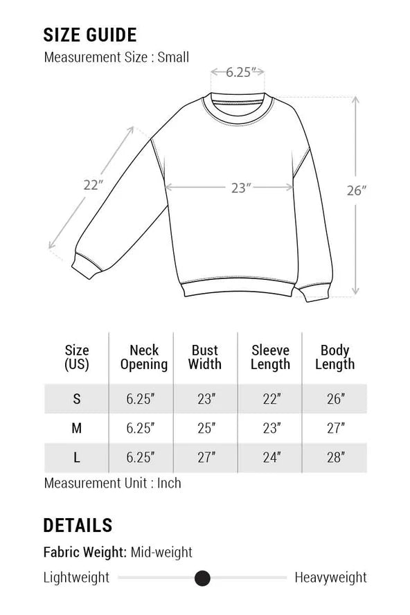 The Loca on Main Three Sardines Sweatshirt size guide features a diagram and table with neck opening, bust width, sleeve length, and body length (in inches) for sizes S–L. Made from soft mid-weight French Terry fabric.