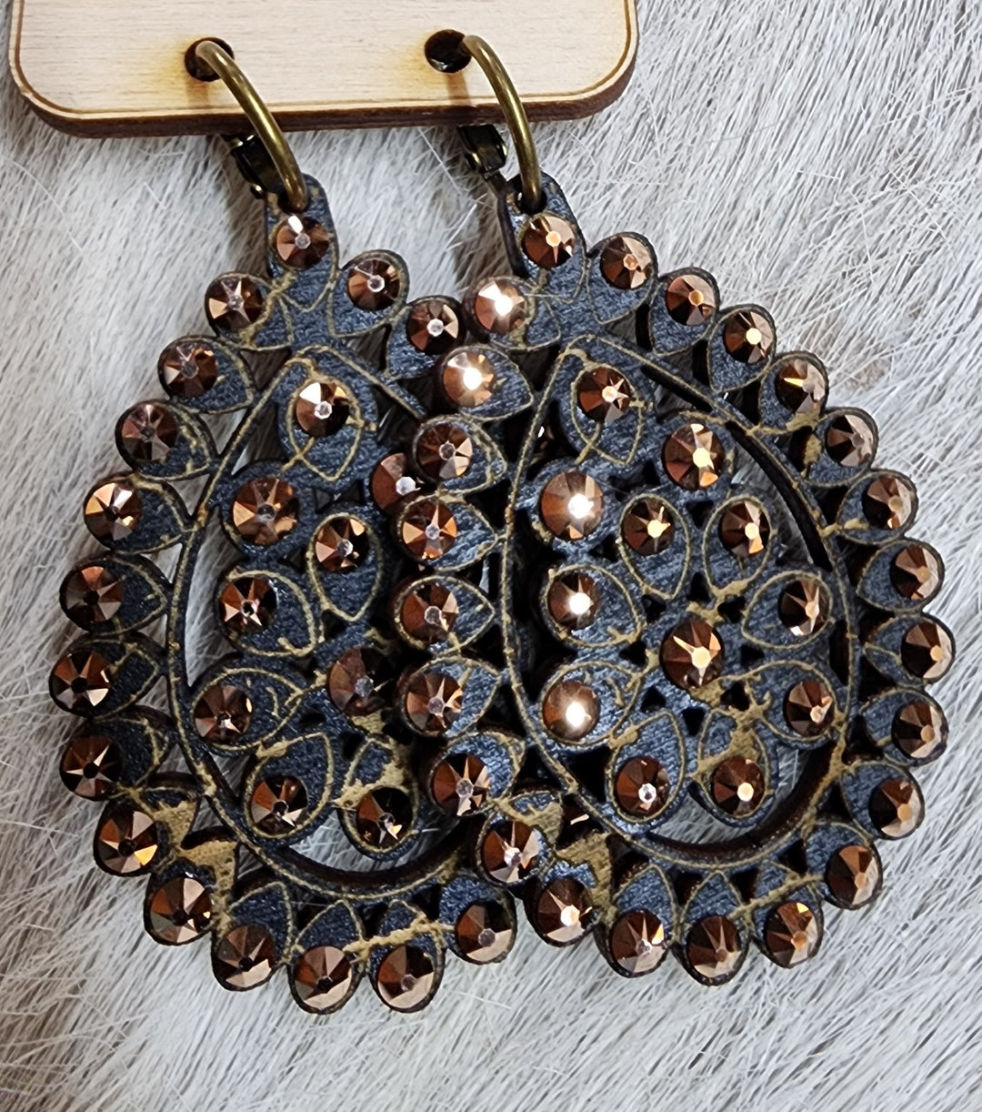 Black and Brown Crystals on Wood Earrings