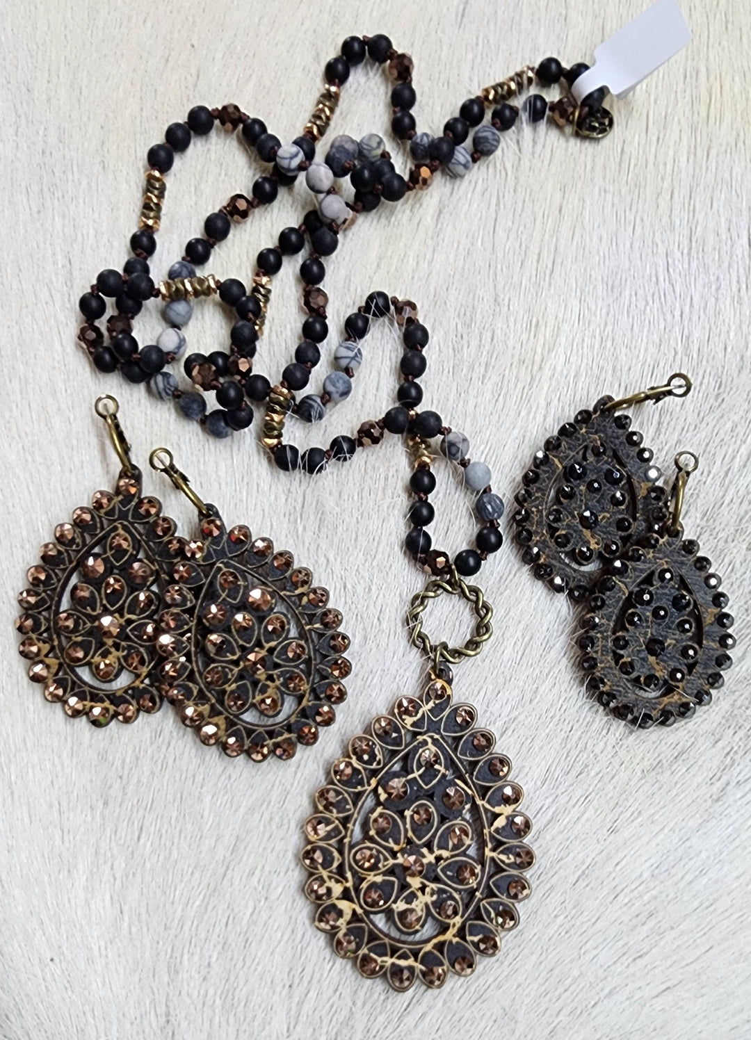 Black and Brown Crystals on Wood Scroll Necklace