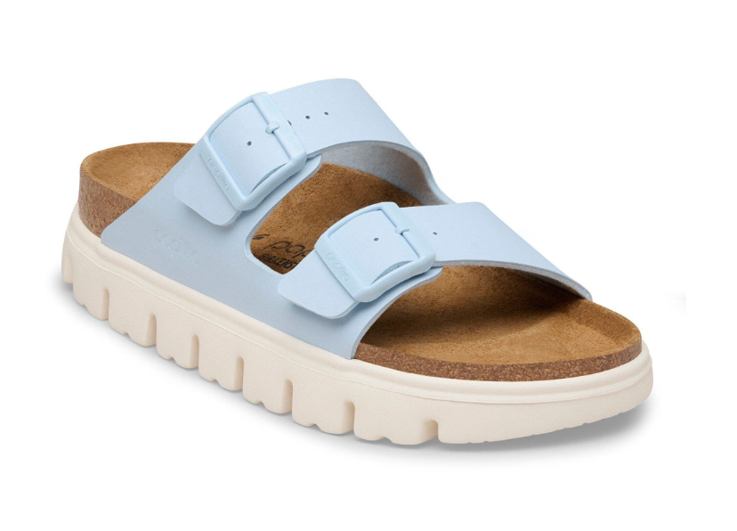 The Zertz ARIZONA CHUNKY BF BABY BLUE N 1031206 features a light blue chunky platform with two wide buckle straps, a contoured cork footbed, and a thick textured white sole.