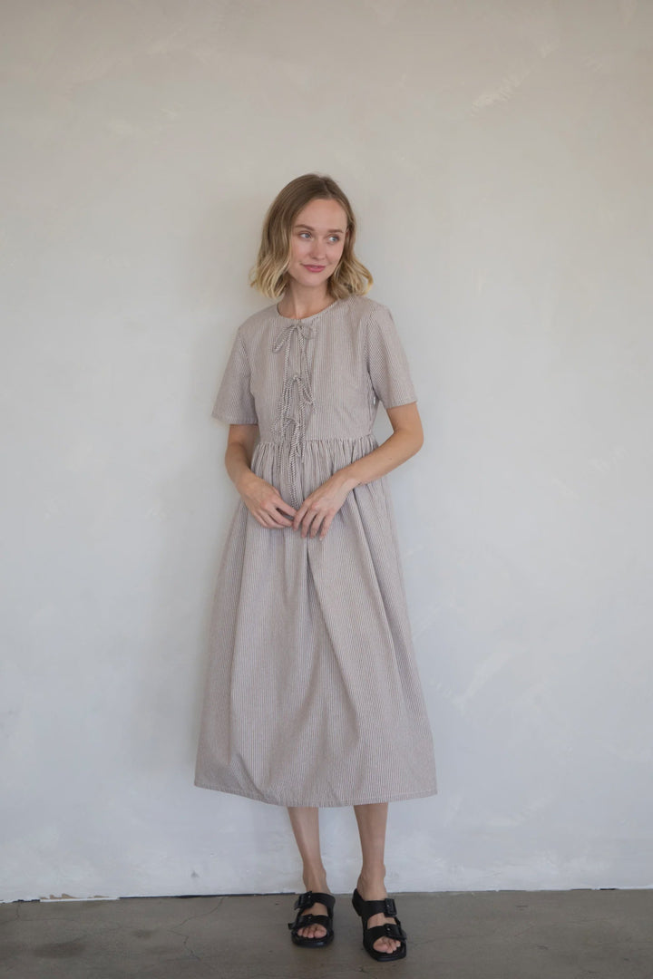 STRIPED FRONT BUTTON  TIE DRESS TBD13350