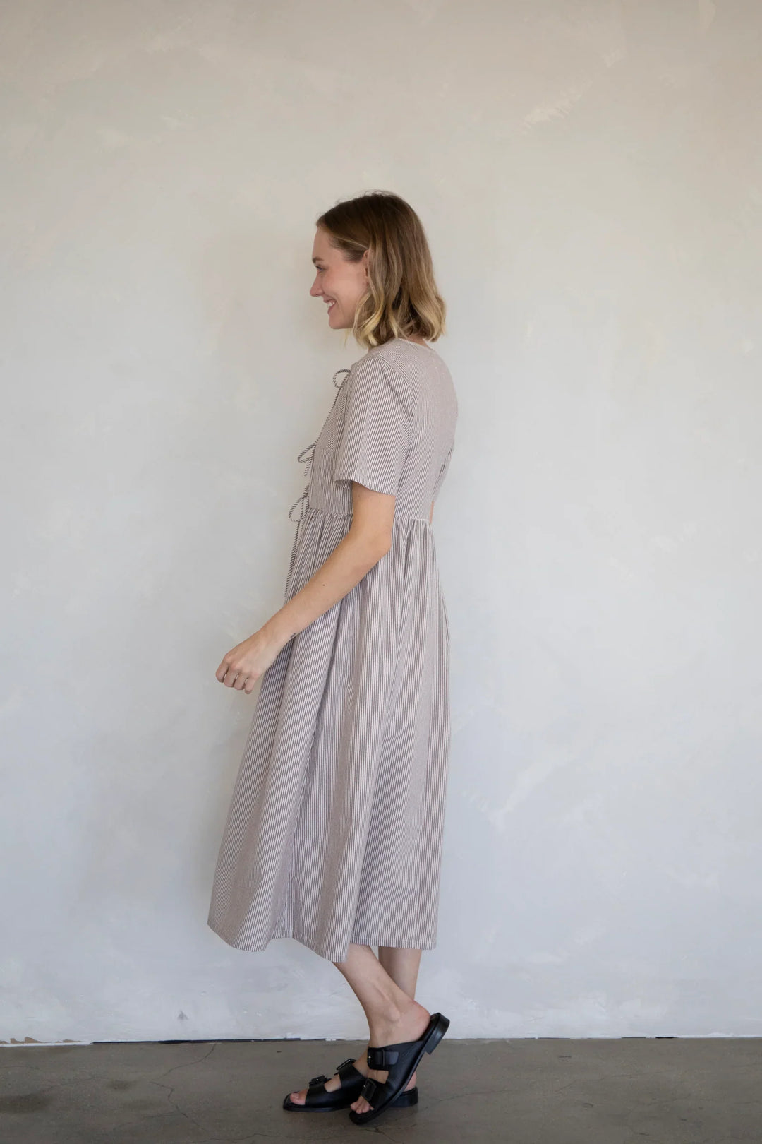 STRIPED FRONT BUTTON  TIE DRESS TBD13350