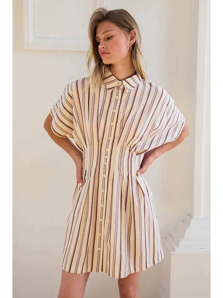 STRIPE DOLMAN SLV BUTTON FRONT MINI DRESS