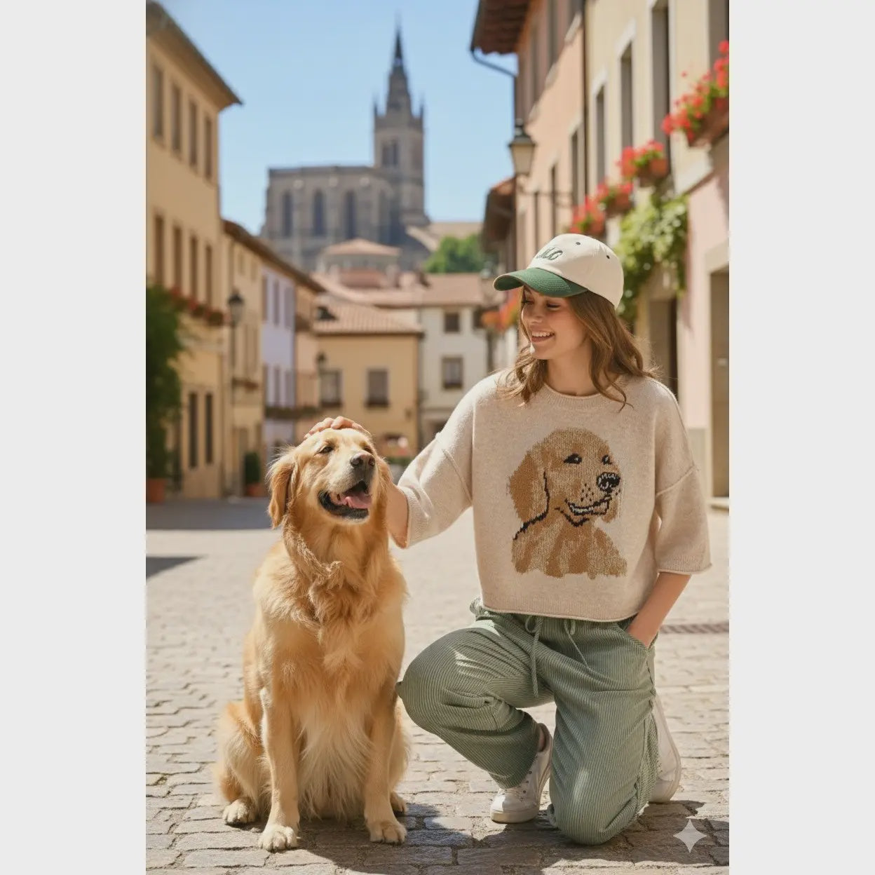 A woman in a Zertz EMB GOLDEN RETRIEVER KNIT TOP kneels on a cobblestone street, smiling as she pets a golden retriever, with colorful buildings and a distant church tower in the background.