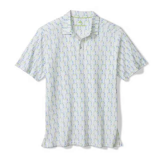 The Zertz EMFIELDER CADDIES AND COCKTAILS POLO is a short-sleeve, collared shirt crafted from breathable fabric with a light background and an all-over pattern of small blue and green bottles.