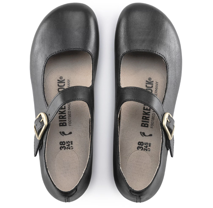 A pair of TRACY LEATHER BLACK 4 Mary Jane shoes by Zertz, with rounded toes and gold buckles, is viewed from above. The contoured footbed enhances the feminine look, while insoles show the Zertz logo and size details.