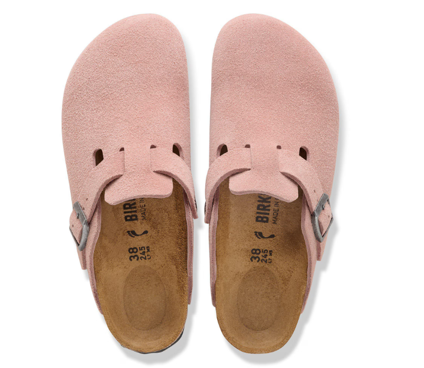 The Zertz BOSTON LEVE PINK CLAY N clogs feature pink suede, adjustable side buckles, and a contoured footbed, shown from above on a white background.