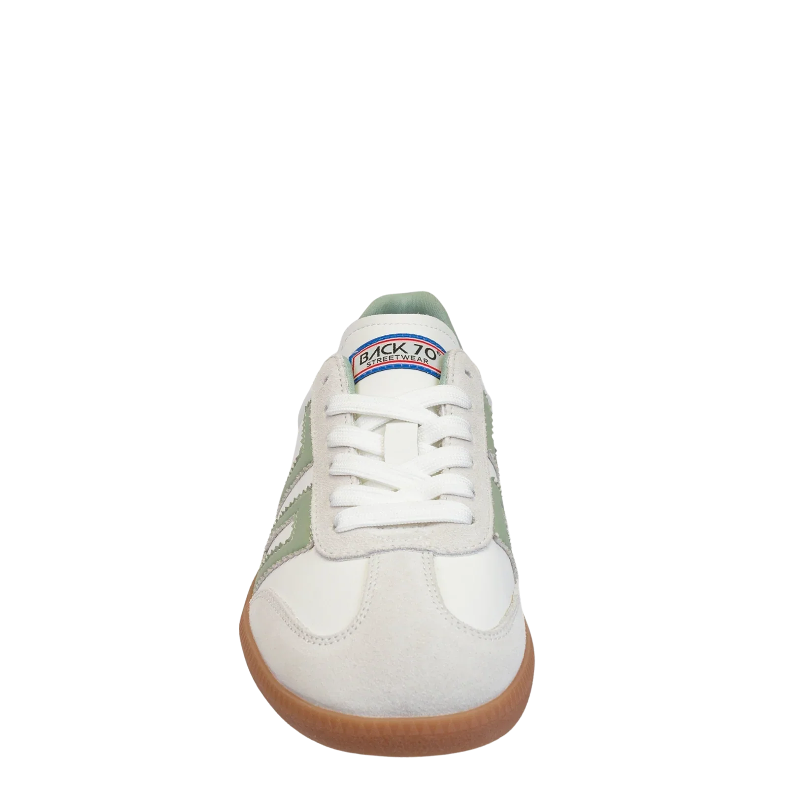 The Zertz CLOUD 2505 ARMY SNEAKER features a white and light green design, gum sole, white laces, and a colorful BACK 70 label on the tongue. Soccer-inspired with European street style, it’s shown front-facing on a white background.