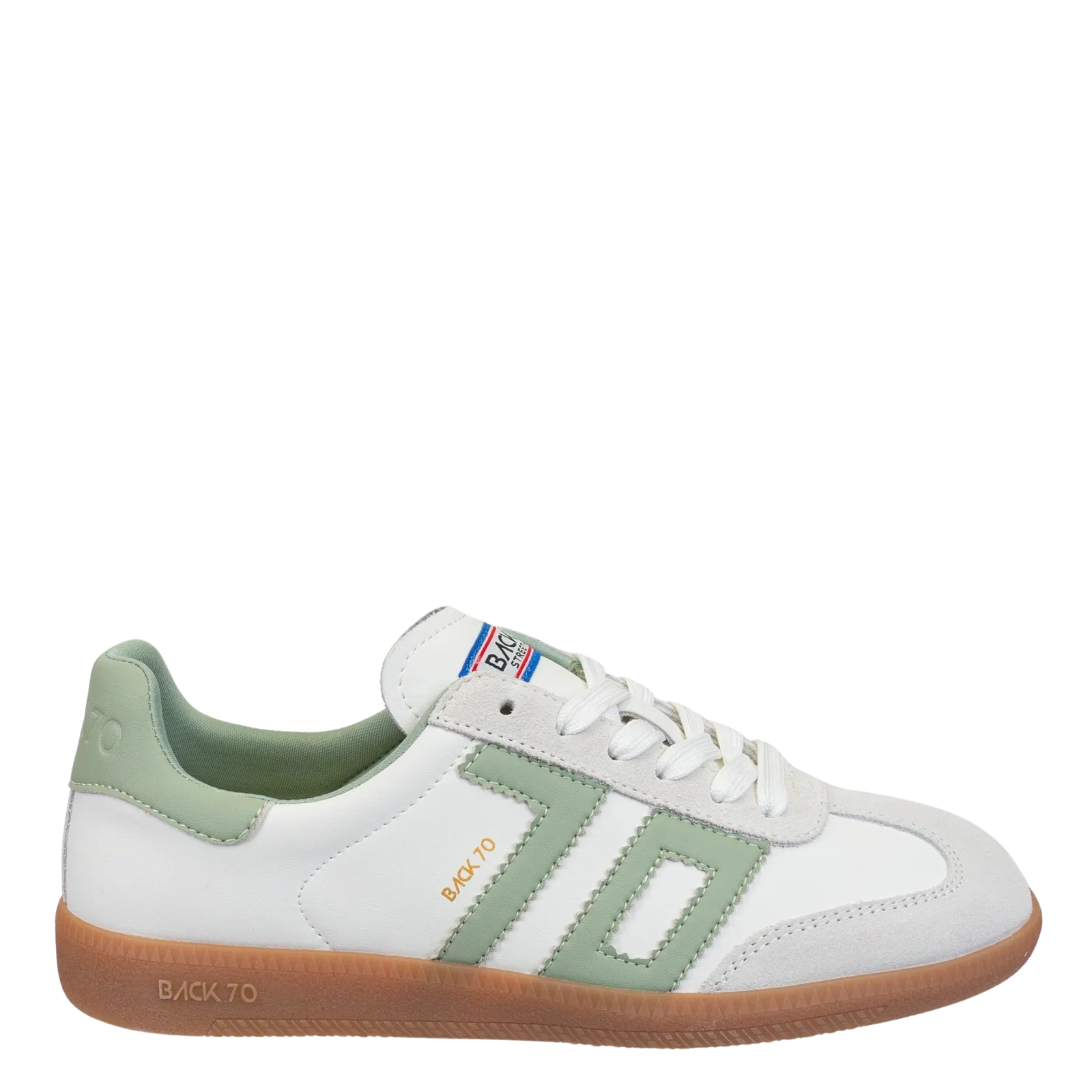 The Zertz CLOUD 2505 ARMY SNEAKER features white uppers with light green accents, a tan rubber sole, "70" on the side, white laces, and a multicolored tongue label for a European street-style vibe.