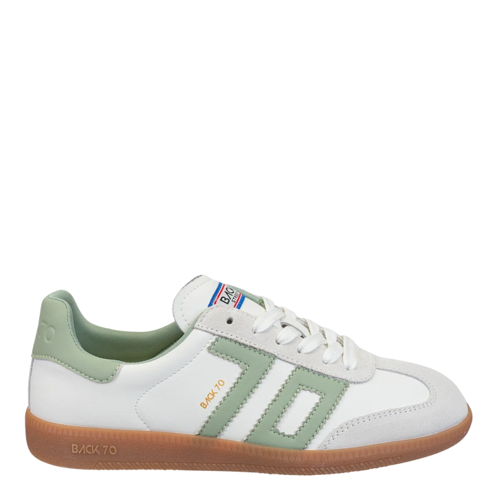 The Zertz CLOUD 2505 ARMY SNEAKER features white uppers with light green accents, a tan rubber sole, "70" on the side, white laces, and a multicolored tongue label for a European street-style vibe.