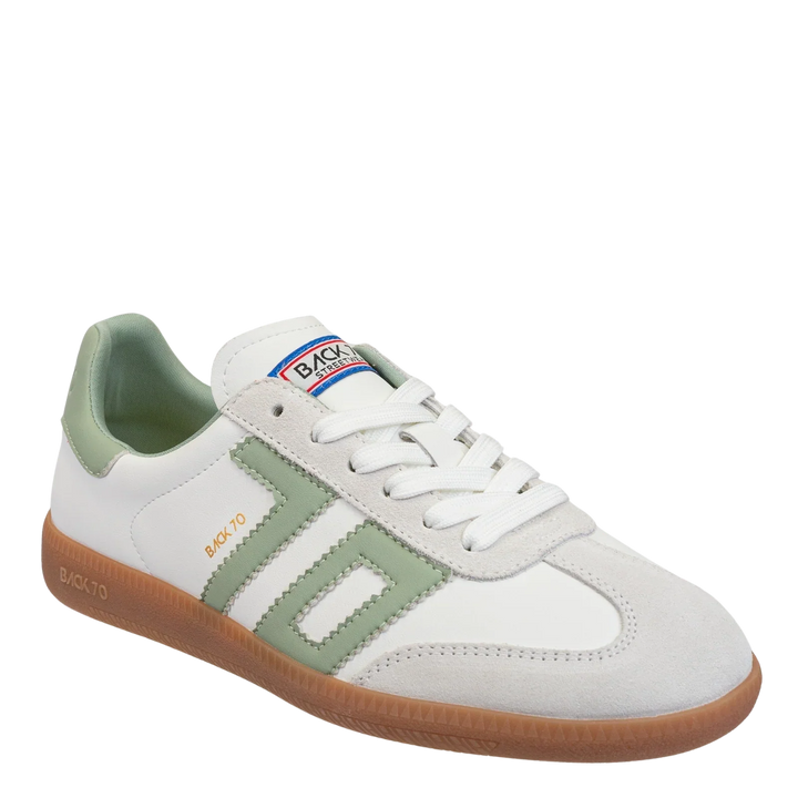 The Zertz CLOUD 2505 ARMY SNEAKER features a white base with light green and beige suede accents, gum sole, white laces, and BACK70 branding on tongue and side, channeling retro European street style on a plain white background.