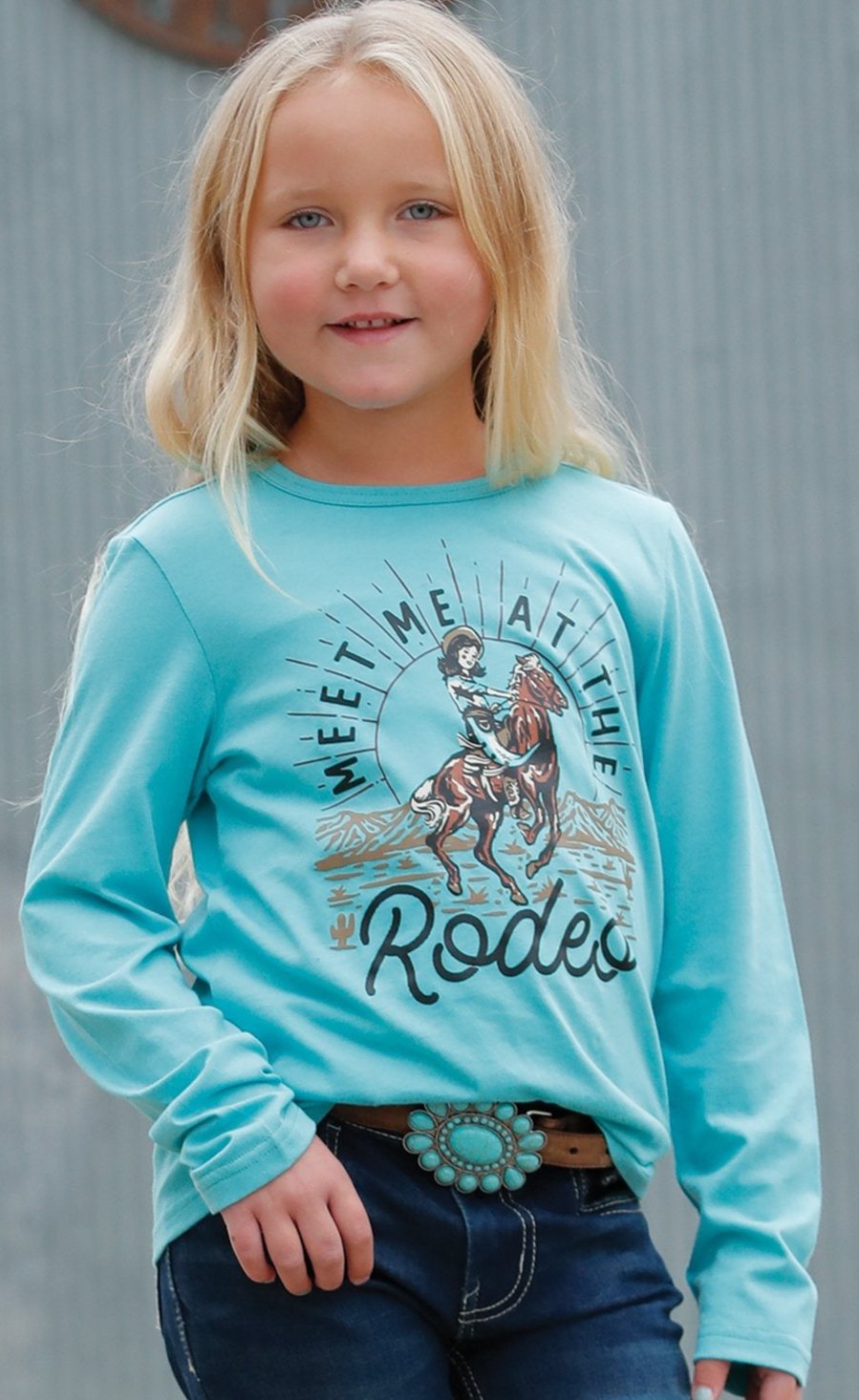 CRUEL DENIM GIRL'S "MEET ME AT THE RODEO" LONG SLEEVE TEE in TURQUOISE