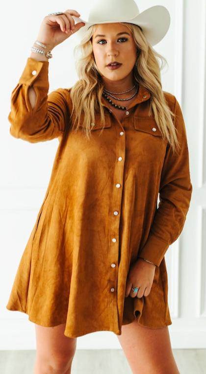 CAMEL SUEDE LONG SLEEVE PEARL SNAP MINI DRESS