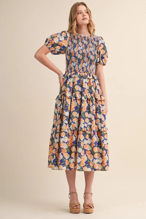 TIERED A LINE SMOCKED MID DRESS