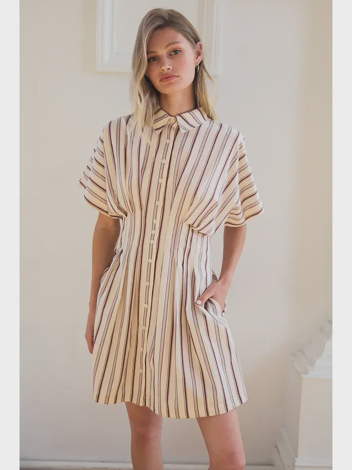 STRIPE DOLMAN SLV BUTTON FRONT MINI DRESS