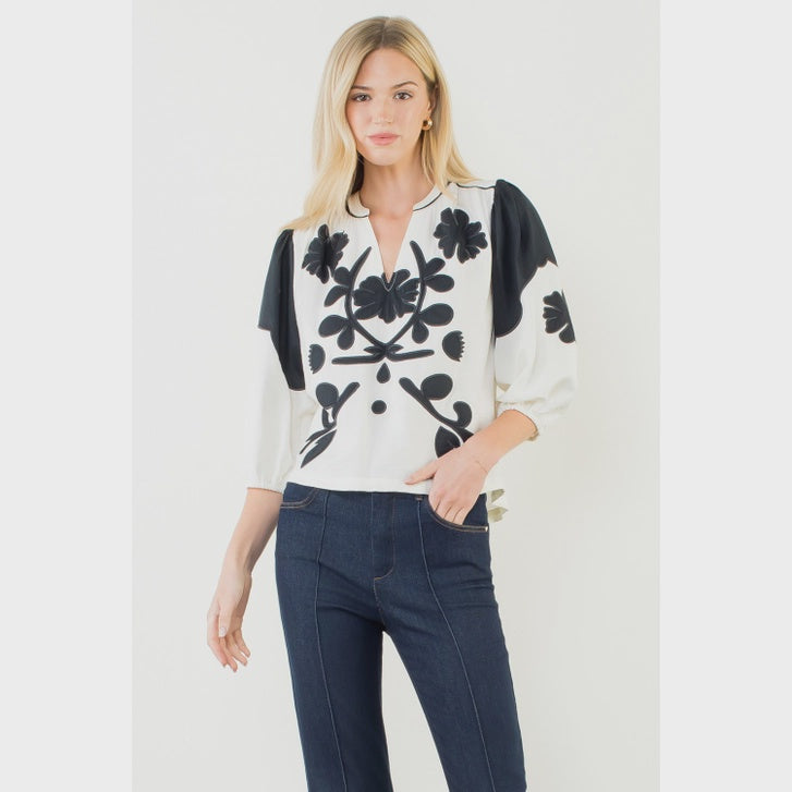 LONG SLV PATTERN DETAIL TOP