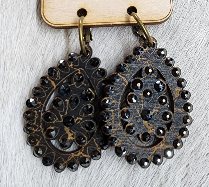 Black and Brown Crystals on Wood Earrings