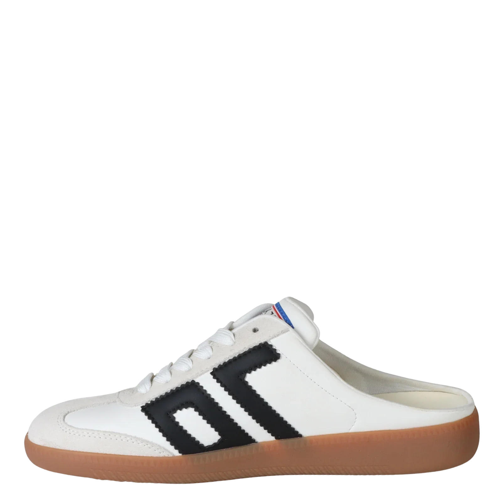 The Zertz EASTER IN BLACK WHITE SNEAKER is a women's slip-on mule with black stripes, white laces, a brown gum sole, open heel, and blue/red tongue accents—ideal for streetwear.