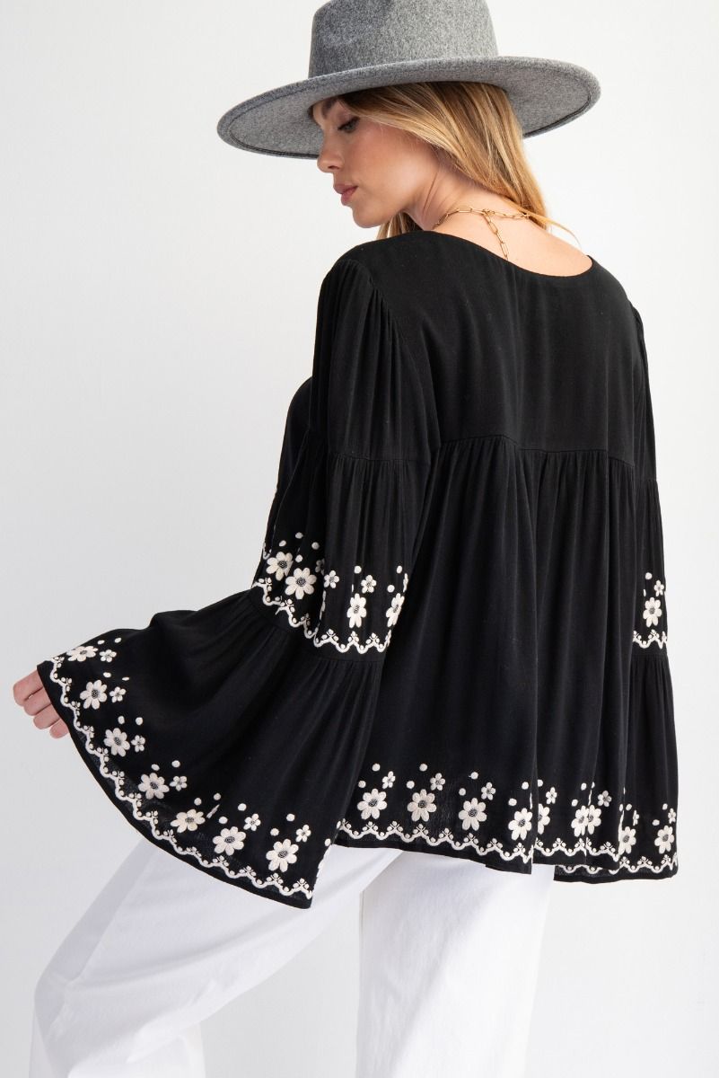 PLUS SIZE EMBROIDERED BELL SLEEVE TOP