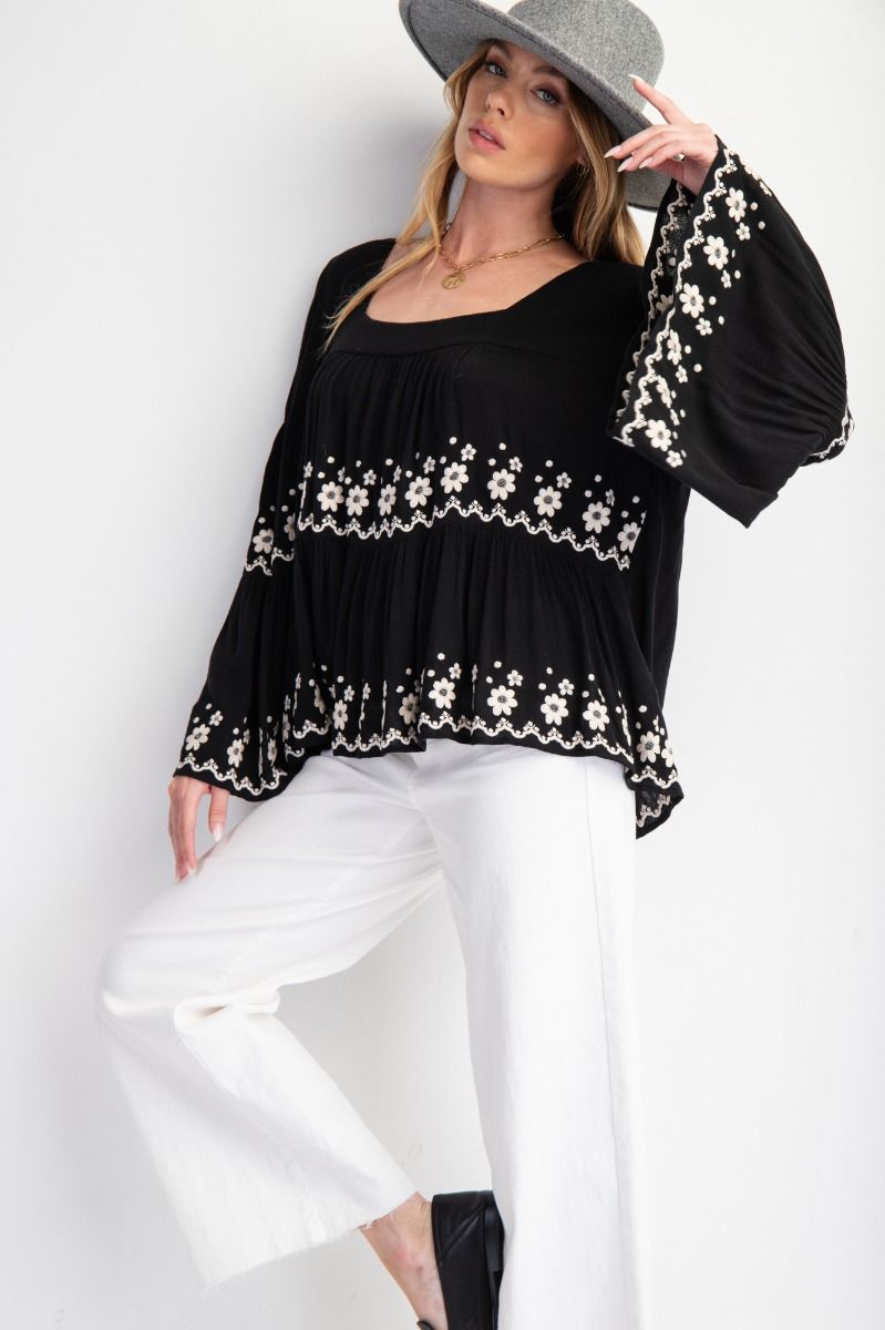 PLUS SIZE EMBROIDERED BELL SLEEVE TOP