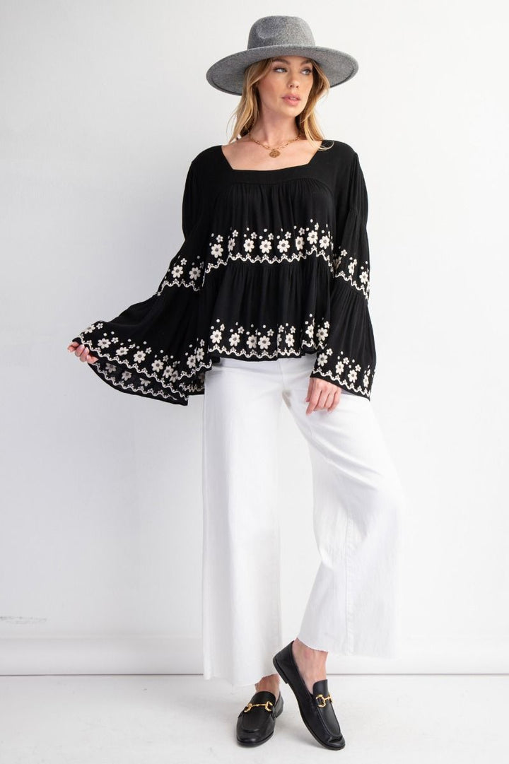 PLUS SIZE EMBROIDERED BELL SLEEVE TOP