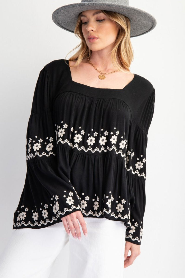 PLUS SIZE EMBROIDERED BELL SLEEVE TOP