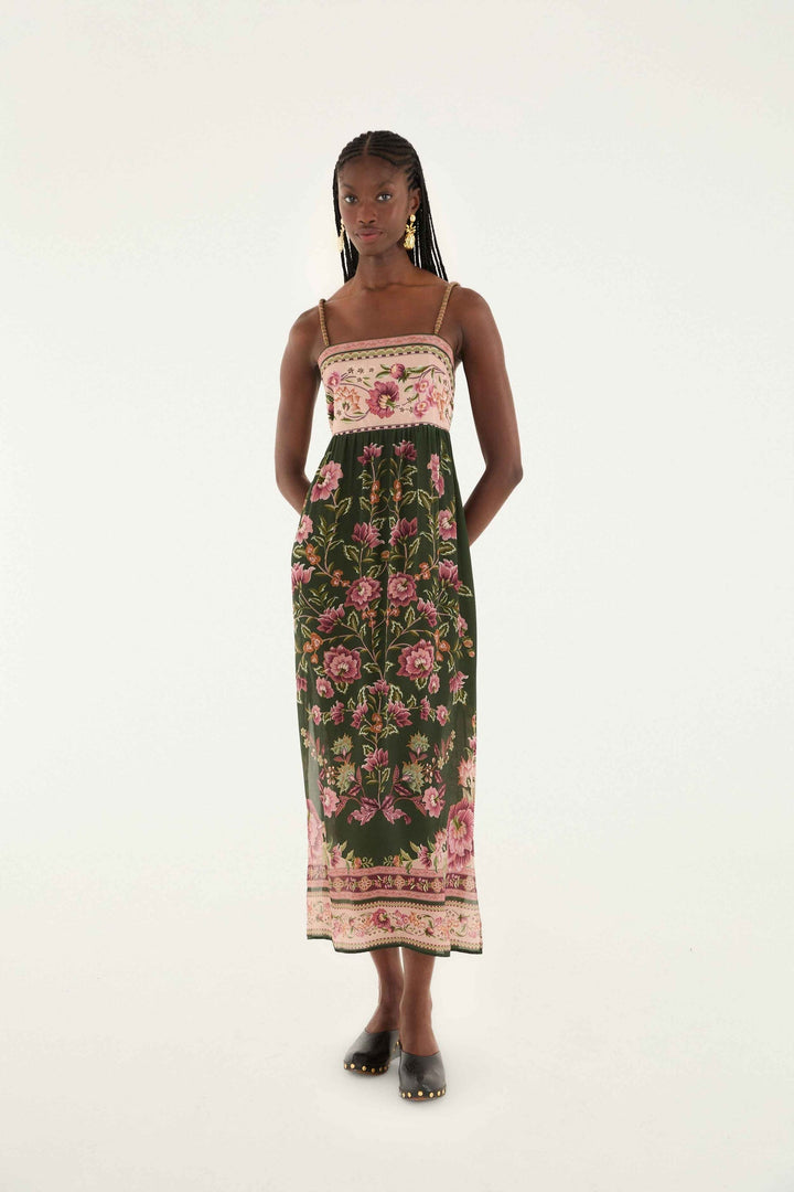 FLOWERING GARDEN TREE GREEN SLEEVELESS MIDI DRESS