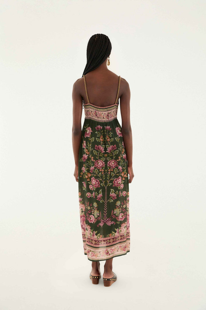 FLOWERING GARDEN TREE GREEN SLEEVELESS MIDI DRESS