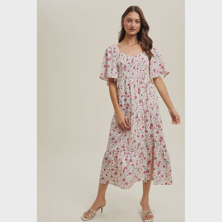 FLORAL FLUTTER SLEEVE MIDI DRESS