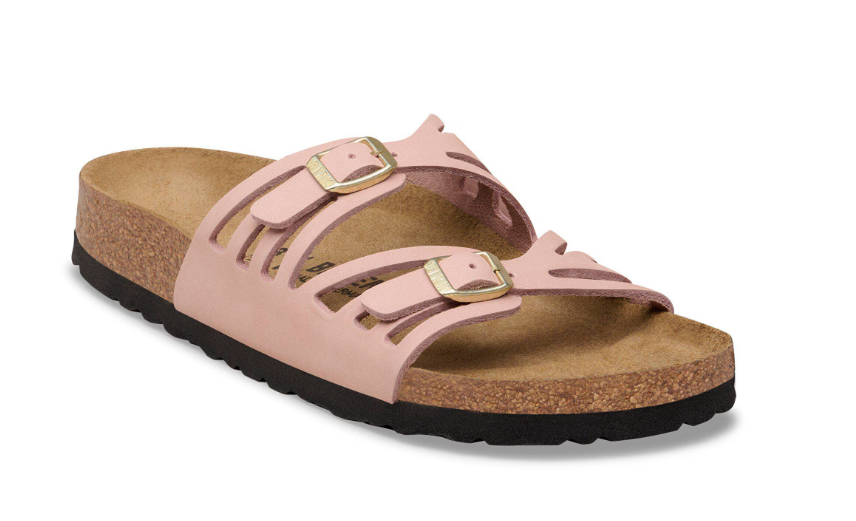 The Zertz GRANADA NUBUCK LEATHER is a pink open-toe sandal with nubuck leather, two gold adjustable buckles, a cork footbed, black rubber sole, and cut-out strap details for a natural finish.