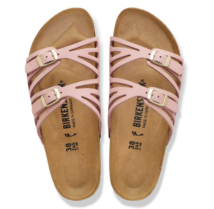 A pair of pink Zertz GRANADA NUBUCK LEATHER sandals with two cutout straps and adjustable gold buckles is shown side by side on a white background for a natural look.