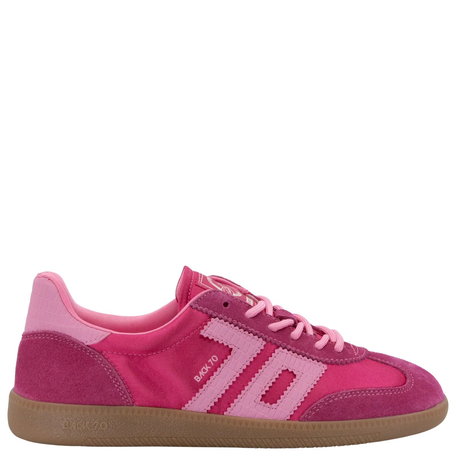 The GHOST C26 IN FUXIA SNEAKER by Zertz features pink and magenta suede and fabric panels, light pink laces, white stitching, a tan sole, and vintage-inspired BACK 70 text—perfect retro sporty sneakers for women.