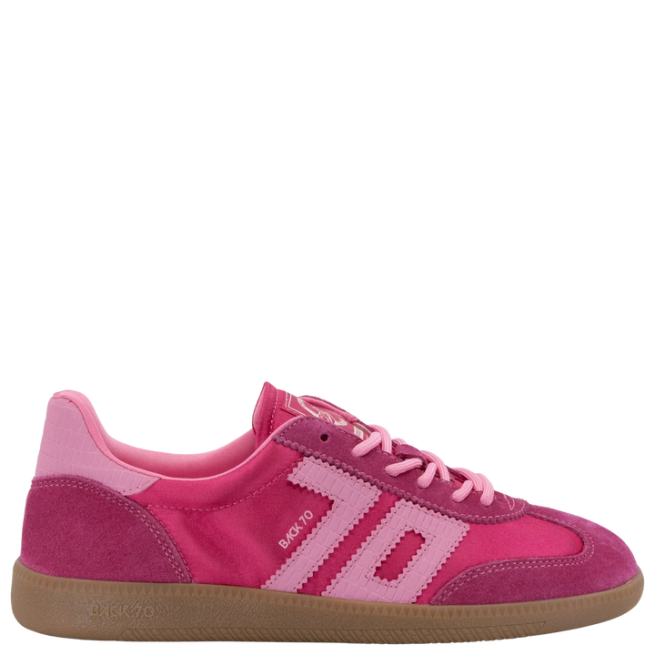 The GHOST C26 IN FUXIA SNEAKER by Zertz features pink and magenta suede and fabric panels, light pink laces, white stitching, a tan sole, and vintage-inspired BACK 70 text—perfect retro sporty sneakers for women.