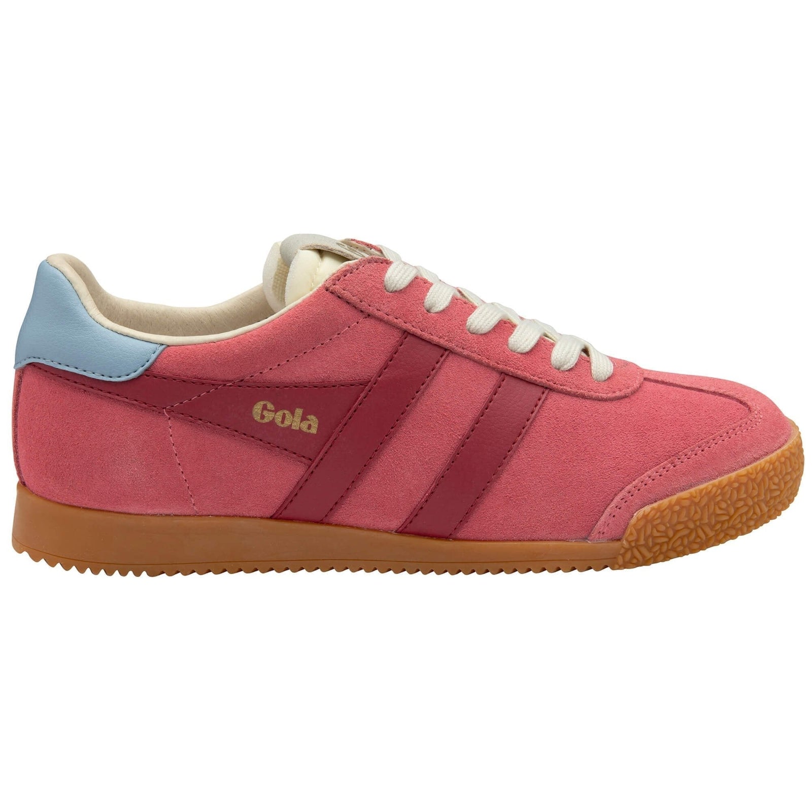 The Zertz ELAN TRAINER is a women’s pink suede sneaker featuring a gum sole, maroon side stripes, white laces, light blue heel patch, and gold Zertz branding—a vintage-inspired style with standout appeal.