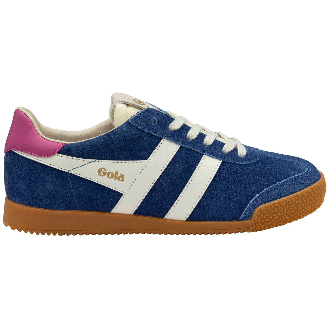 The Zertz ELAN TRAINER CLB538ET features blue suede, white side stripes, gold Zertz logo, pink heel accent, white laces, and a textured brown rubber sole.
