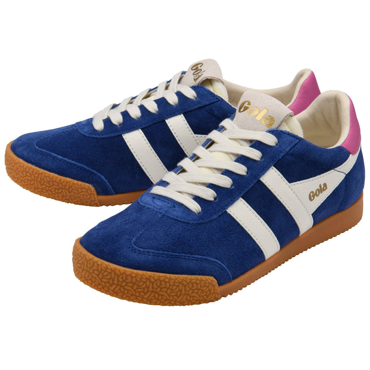 A pair of blue suede Zertz ELAN TRAINER CLB538ET sneakers featuring white stripes, white laces, gum rubber soles, a pink back detail, and gold branding on the tongue and side.
