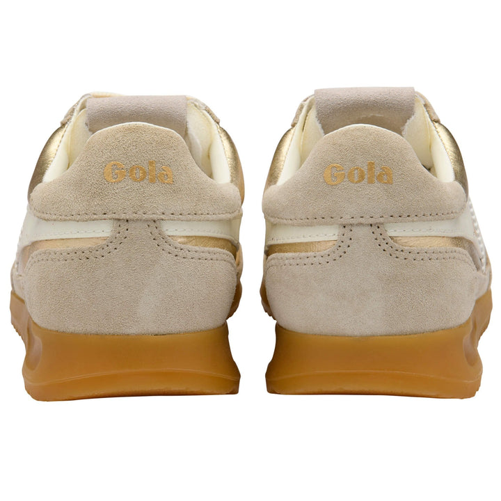 Rear view of Zertz FIREFLY NETALLIC TRAINER CLB858YW20 sneakers in beige and white with suede details, cream accents, gum soles, and Zertz embroidered in gold on the heel tabs.