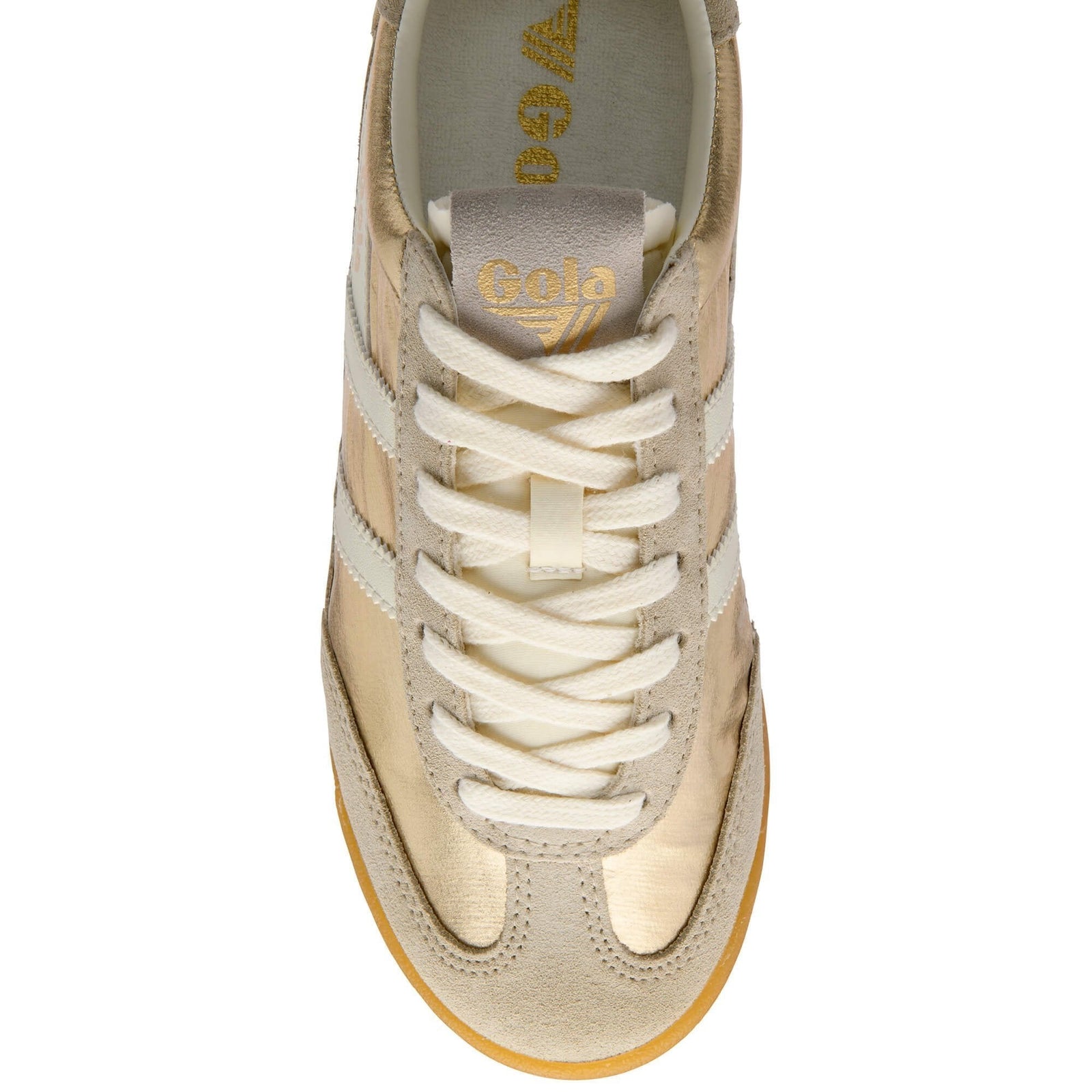 Top view of the Zertz FIREFLY NETALLIC TRAINER CLB858YW20 in beige and cream with white stripes, white laces, a gum sole, and gold branding on the insole.