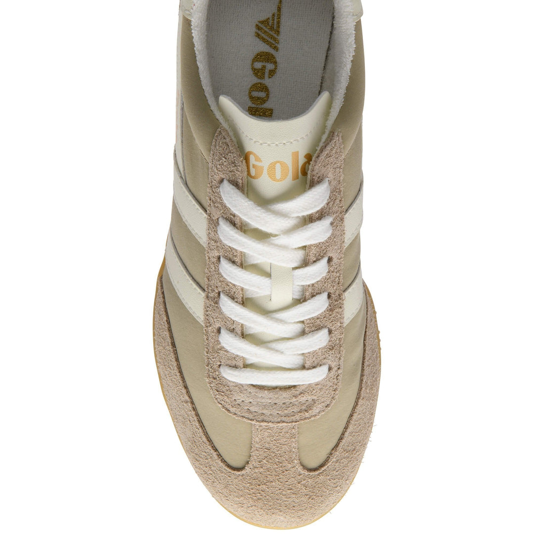 Top view of the Zertz SPRINTER TAINER, a women’s sneaker in beige and tan with bone suede accents, white laces, side stripes, and "Zertz" printed in gold on the tongue.
