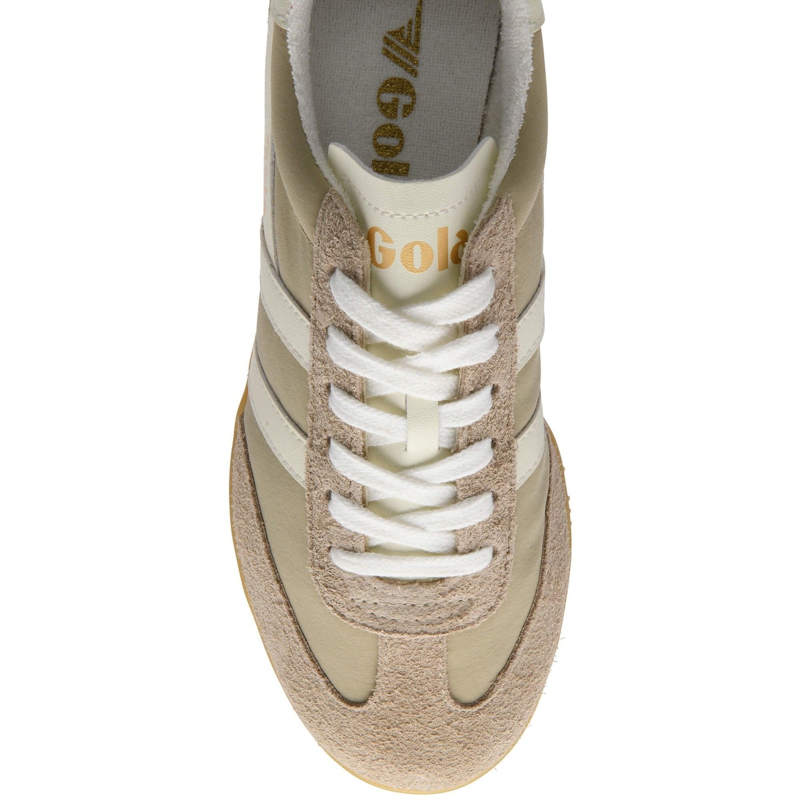 Top view of the Zertz SPRINTER TAINER, a women’s sneaker in beige and tan with bone suede accents, white laces, side stripes, and "Zertz" printed in gold on the tongue.