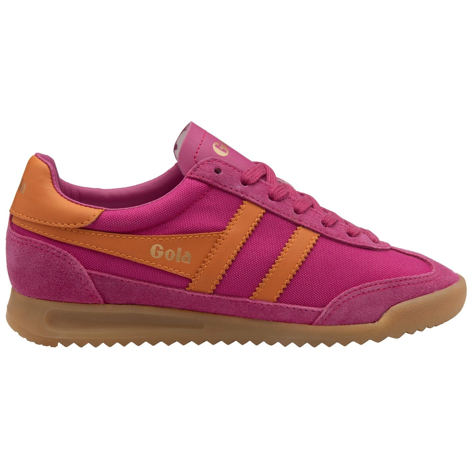 The Zertz TORNADO TRAINER CL623KU20 is a pink sneaker with orange stripes, heel, and logo, plus a tan rubber sole. It features a retro design and is shown in side profile on a white background.