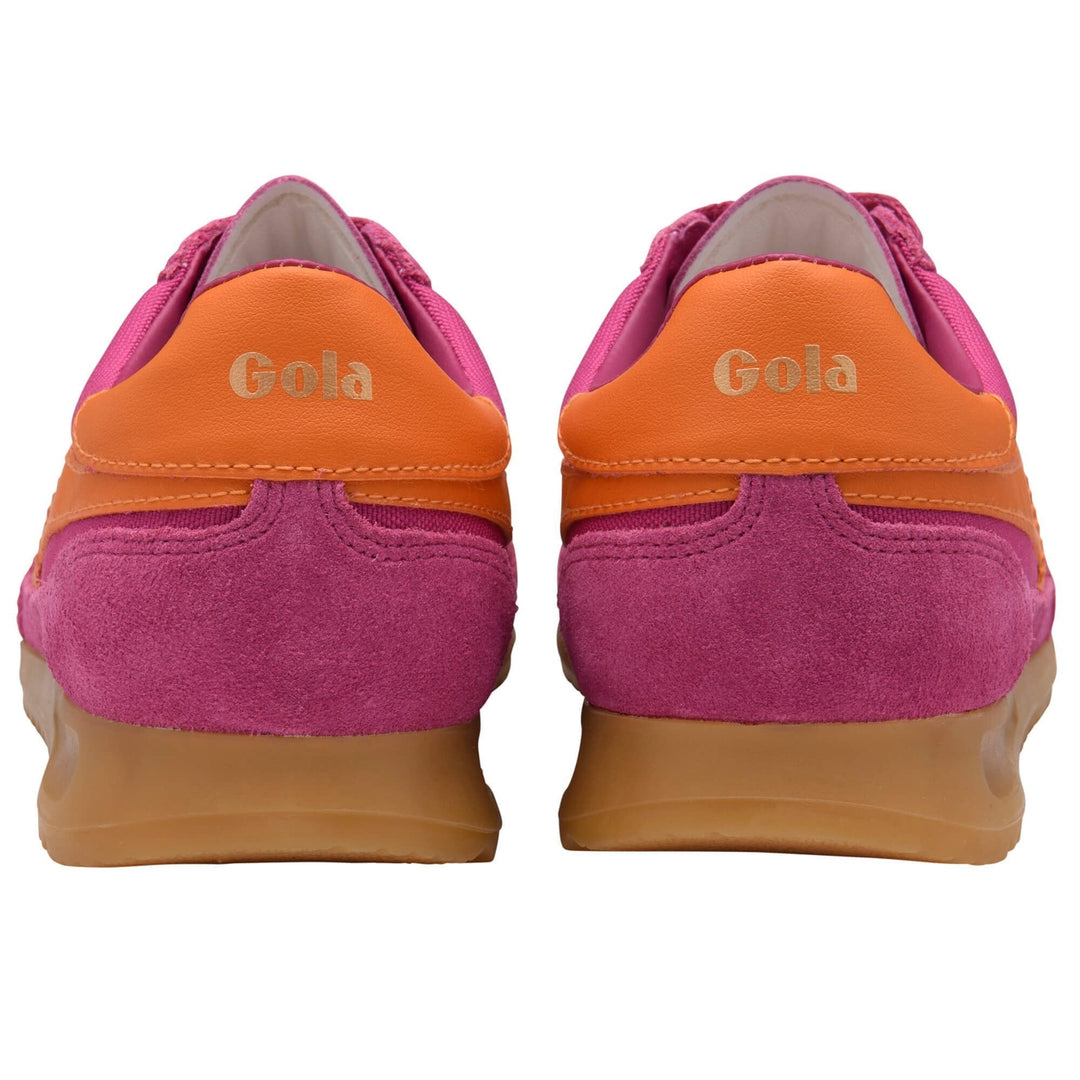 Pair of Zertz TORNADO TRAINER CL623KU20 sneakers shown from the back, featuring pink suede, orange accents, and gum rubber soles. The Zertz brand name is printed in gold on the orange heel tabs.