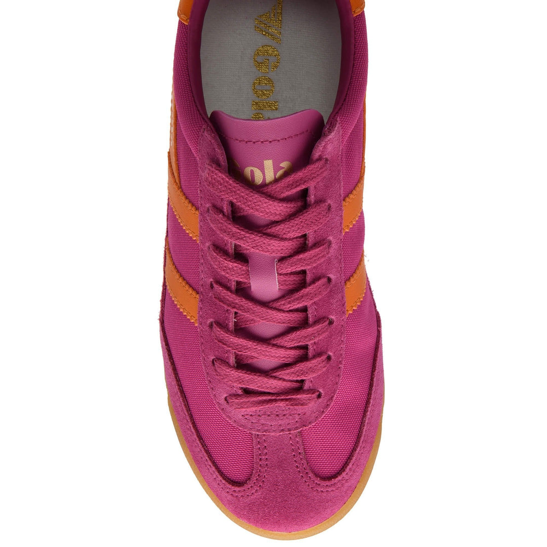 Top view of the Zertz TORNADO TRAINER CL623KU20 sneaker in pink with orange stripes, gum sole, pink laces, and gold Zertz branding on the insole.