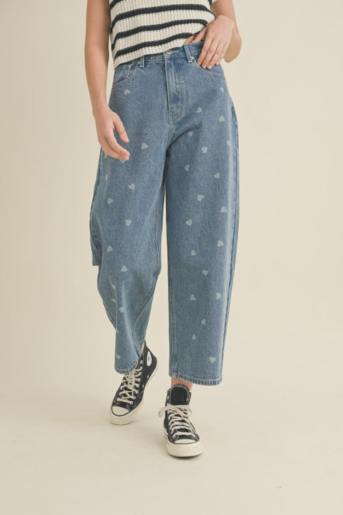 HEART PRINTED DENIM PANTS