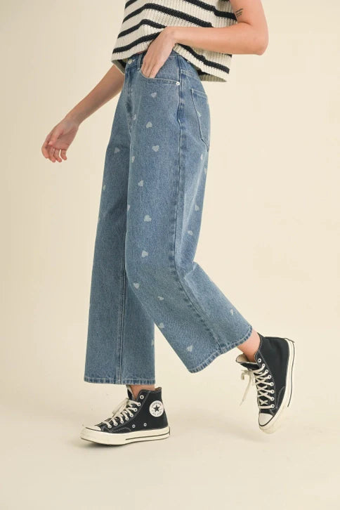 HEART PRINTED DENIM PANTS
