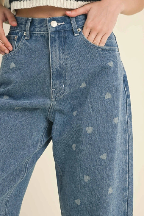 HEART PRINTED DENIM PANTS