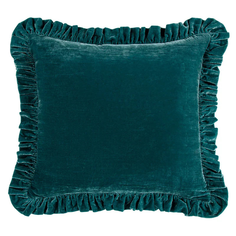 STELLA FAUX SILK VELVET RUFFLED EURO PILLOW SHAM in TEAL