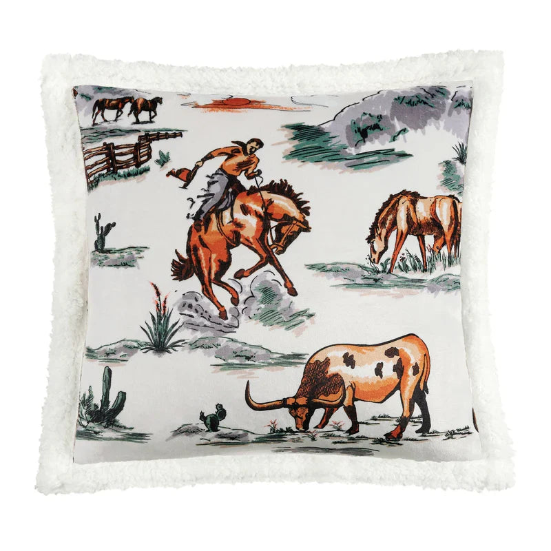 RANCH LIFE WESTERN TOILE CAMPFIRE SHERPA PILLOW in DUFFLE BAG